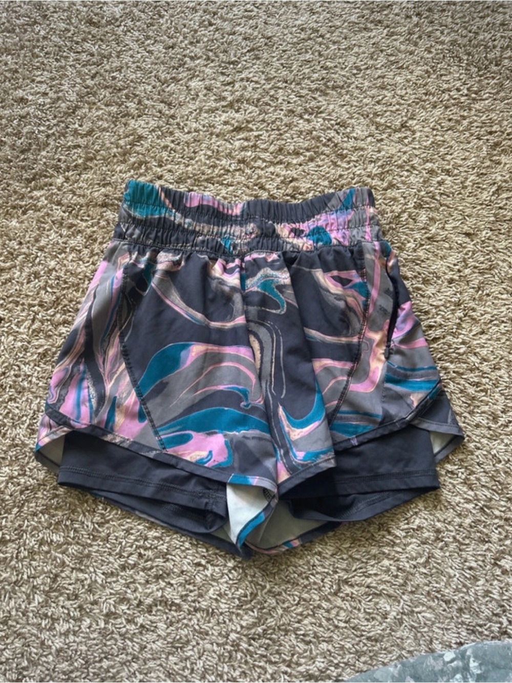 Avia Marble-Print Athletic Shorts in Gray, Teal & Pink